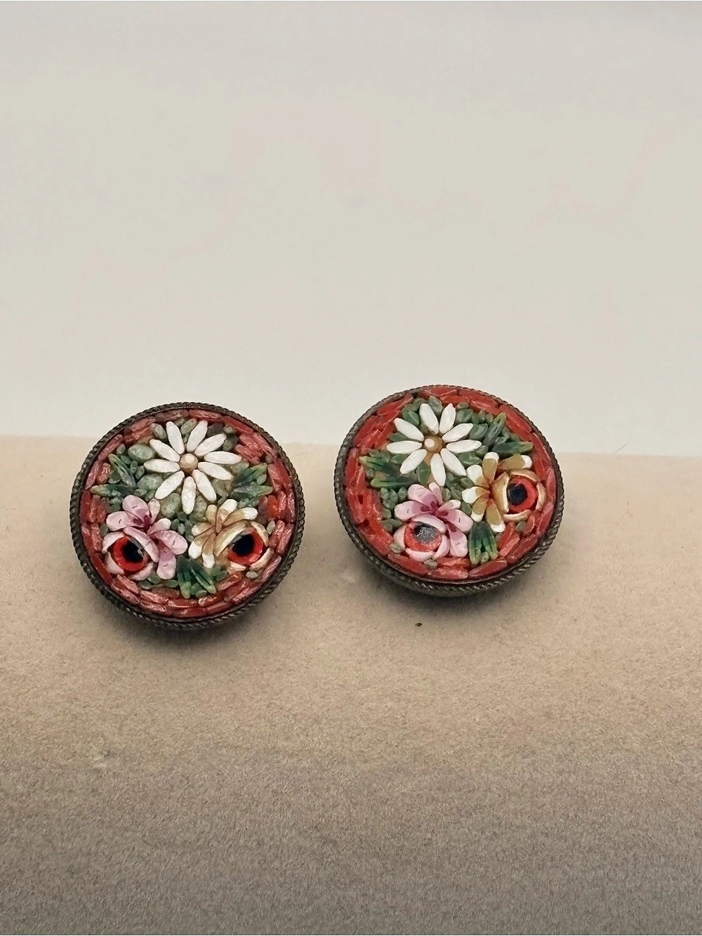 Vintage 1950s Italy Florentine Micromosaic Floral Clip Earrings Spun Glass